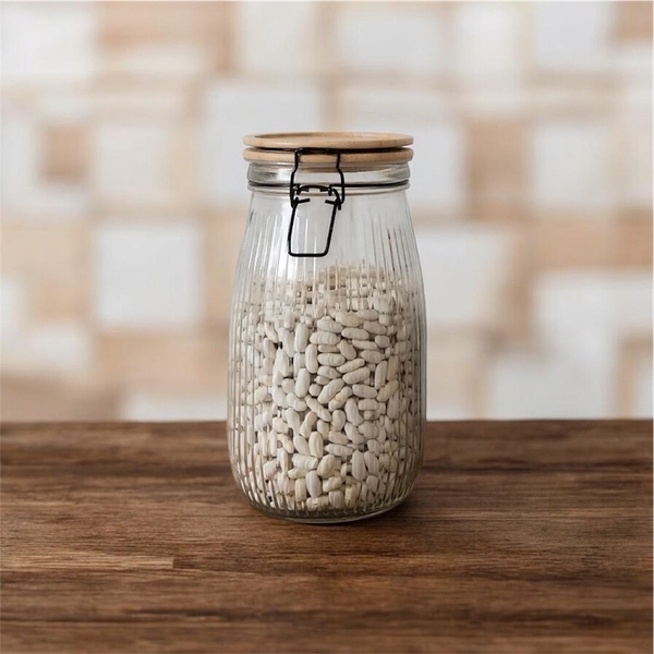 Pote de Vidro com Tampa Hermética de Bambu e Trava 1,7L