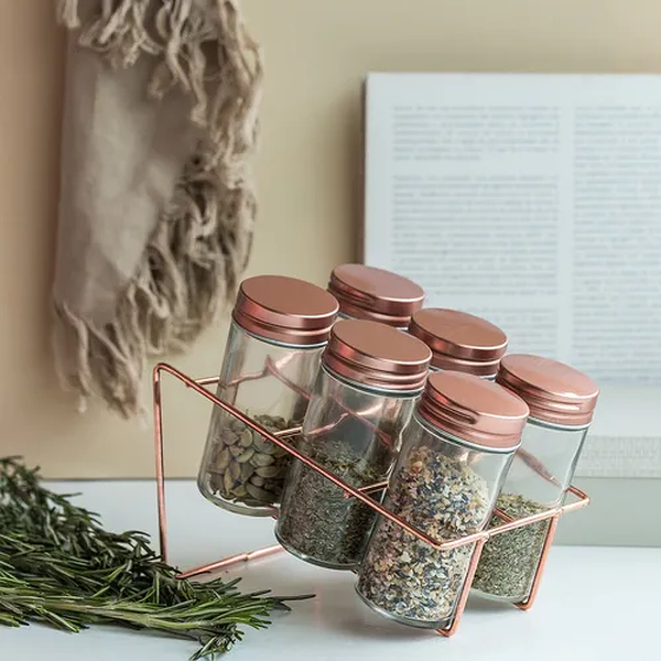 Porta Condimentos Daily 6 Potes 80ml Com Suporte Rose Gold